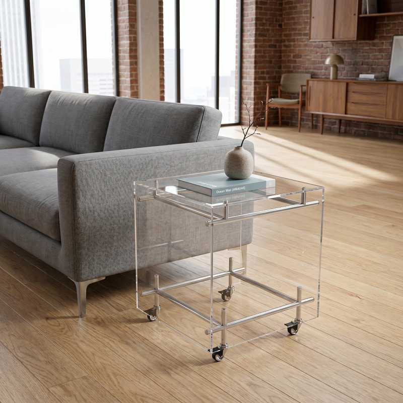 Structure en acier inoxydable, chariot mobile en acrylique transparent, table basse et support de rangement