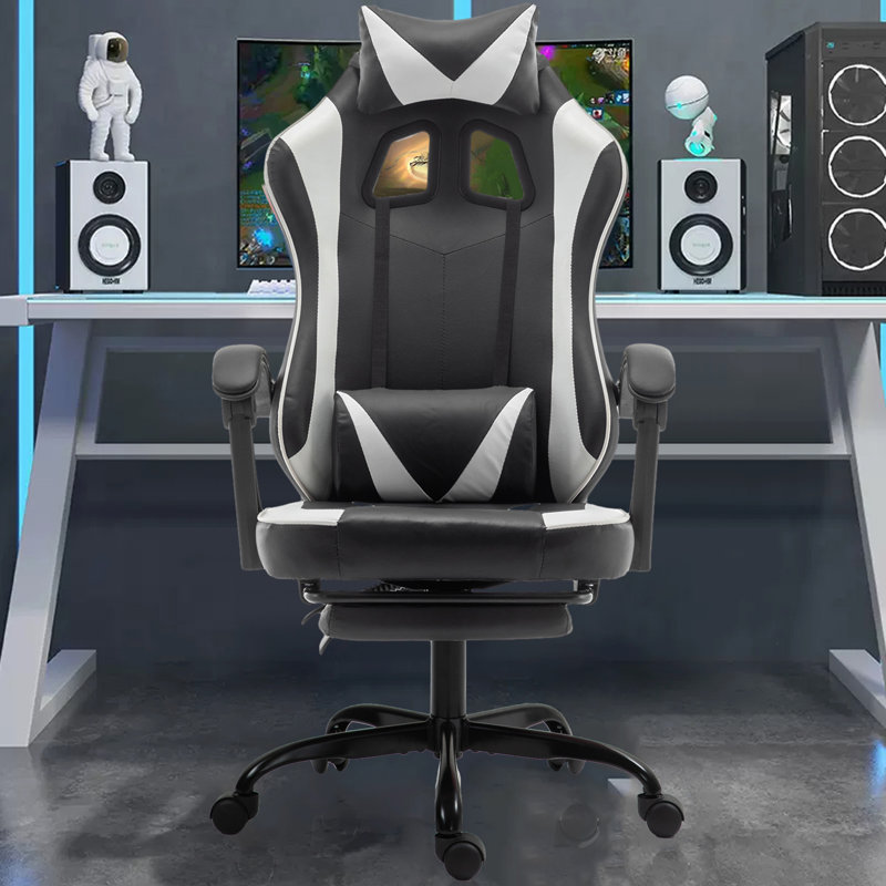Radelldar Adjustable Reclining Ergonomic Faux Leather Swiveling PC & Racing Game Chair with Footrest, Black/White