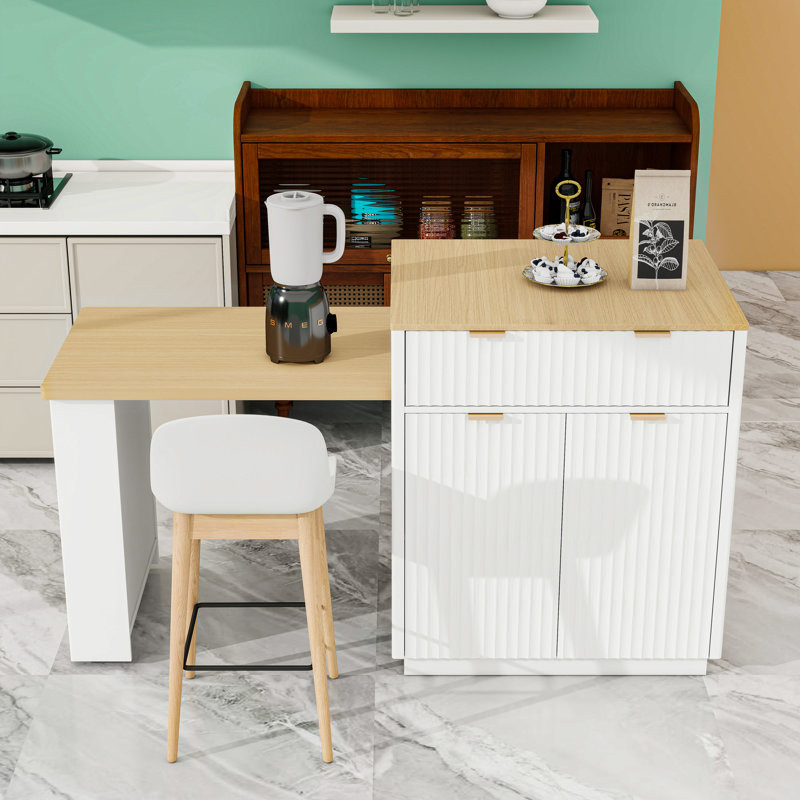 Kitchen Island with Power Outlet, Open Shelves and 2 Drawers, Natural/White