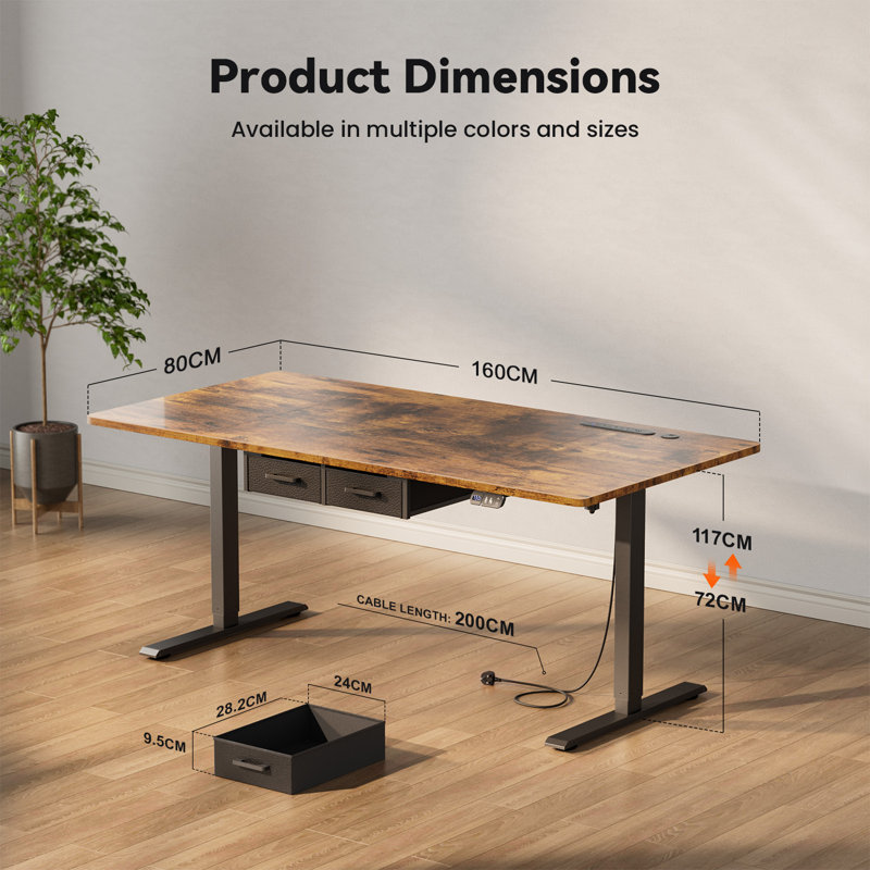 Adjustable Metal Base Standing Desk with Power Outlet, 160cm W x 80cm D, Brown/Black