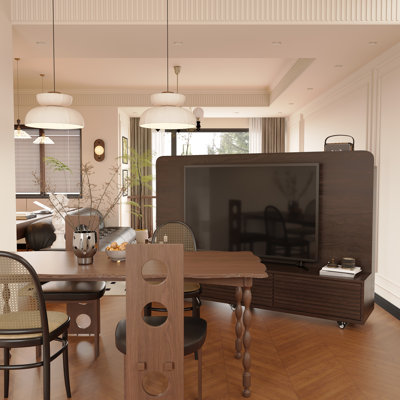 Meuble télé à roulettes pour téléviseur jusqu'à 78 po avec 3 tiroirs de rangement et tablettes ouvertes