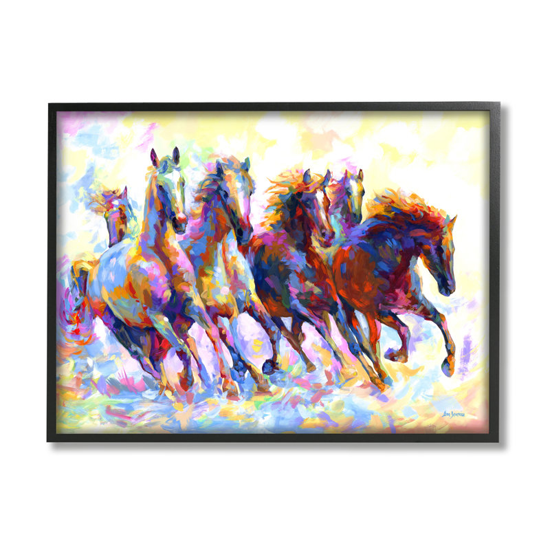 Peinture sur bois Vivid Wild Horses par Leon Devenice, H 16 po x l 20 po, Giclée encadrée noir minuit