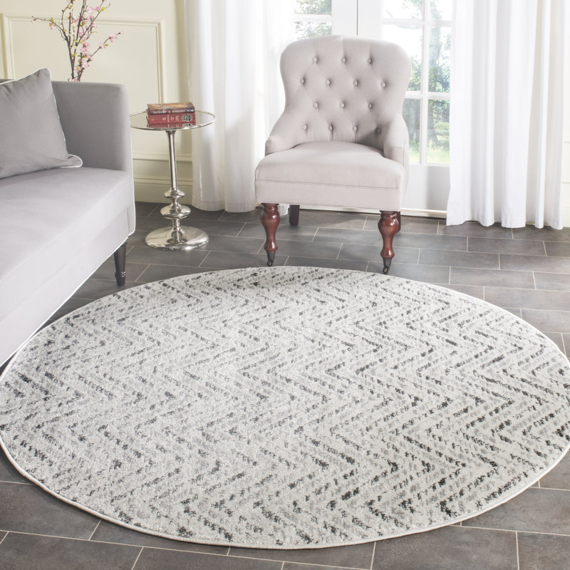 Tapis ivoire et gris anthracite à motif de chevrons Bethlyn, Rond 6 pi
