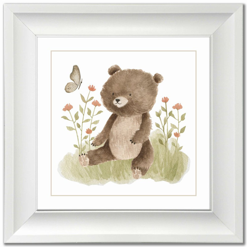 Ours mignon, art mural sur toile, Cadre d'angle fermé blanc, H 17,5 po x l 17,5 po