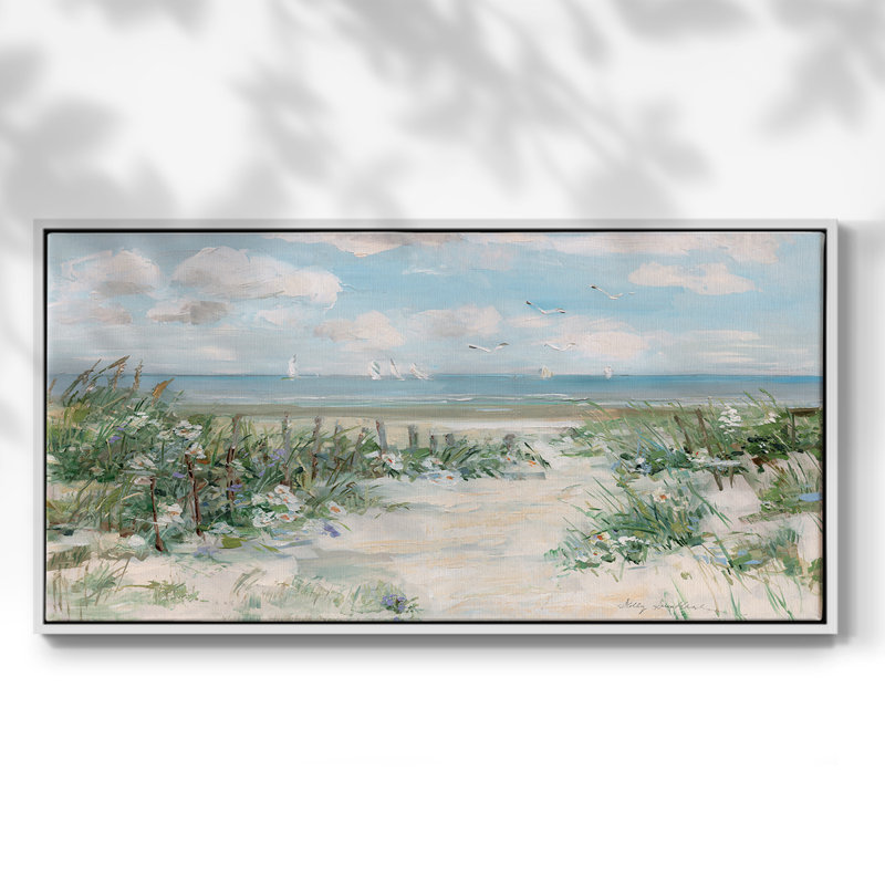 Plage de fleurs sauvages - Toile tendue avec châssis, prête à accrocher, H 25 po x l 49 po, Blanc