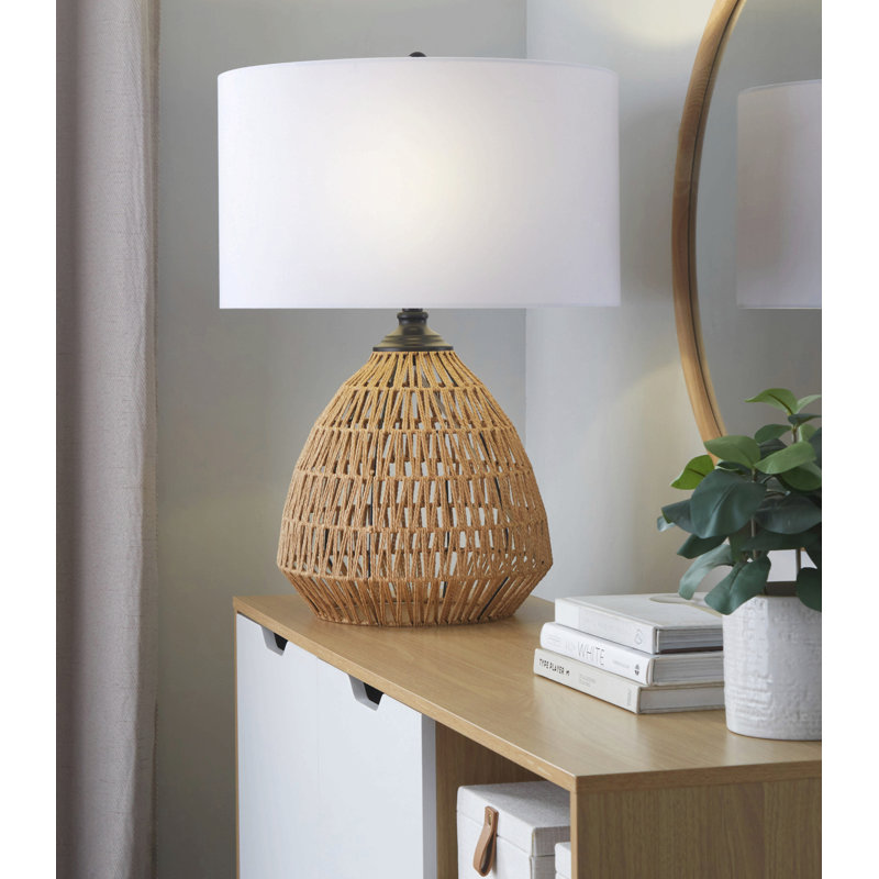 Lampe de table contemporaine 29 "en rotin naturel en corde, métal noir mat et lin blanc Congo