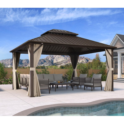 Aluminum   Hardtop Gazebo Double Roof For Patio Desk Backyard Brown