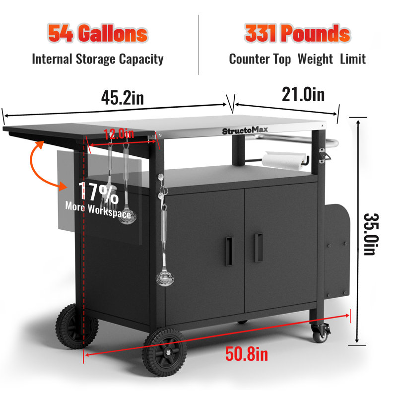 Chariot de gril d'extérieur avec armoire TG, plateau de table extra large en acier inoxydable, grand support à épices et roues verrouillables