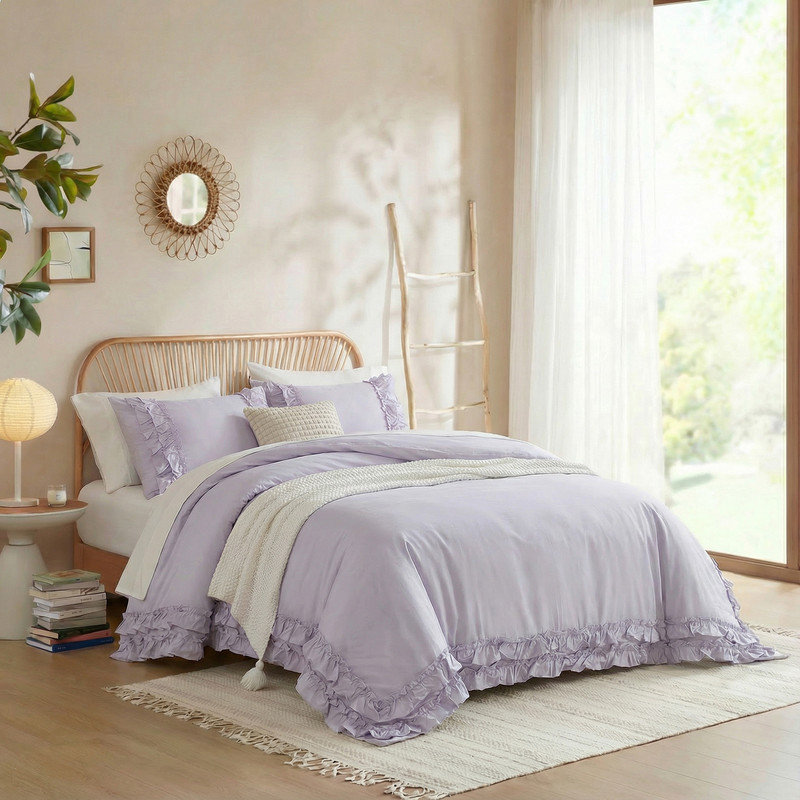 Ensemble de housse de couette à volants en coton lavande mauve très grand, ensemble de literie en argile rose de style campagne rétro Housse de couette Coquette Aesthetic French Country