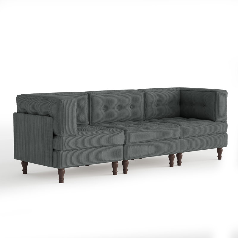 3 - Piece Upholstered Gray Tufted Corduroy Modular Sectional with Pillow Back, Gray, 3, 31.8" H x 97.9" W x 32.6" D