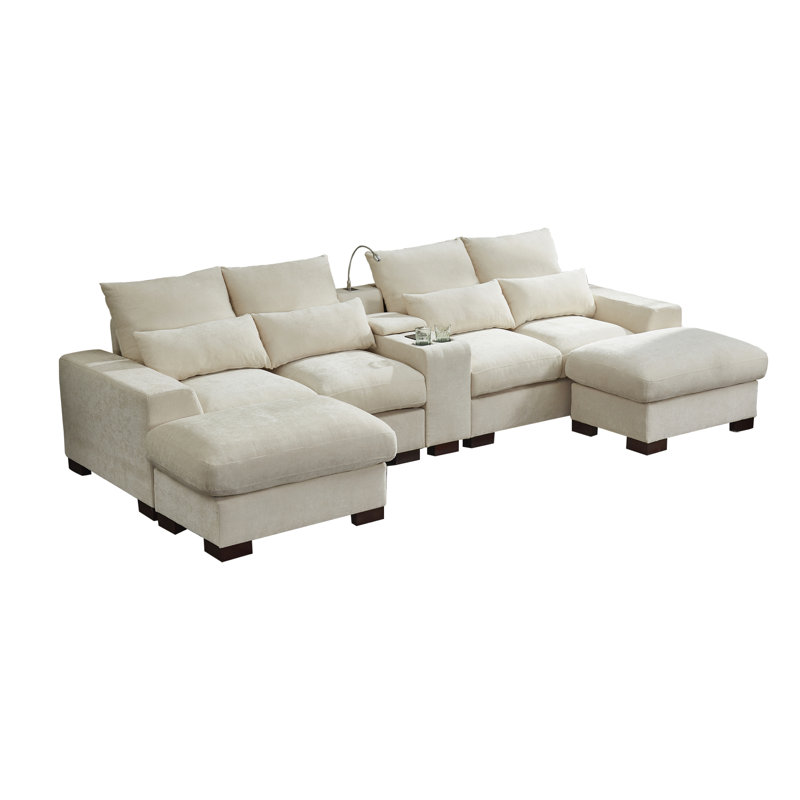 Canapé modulaire en chenille 6 places avec console et repose-pieds, Chenille beige