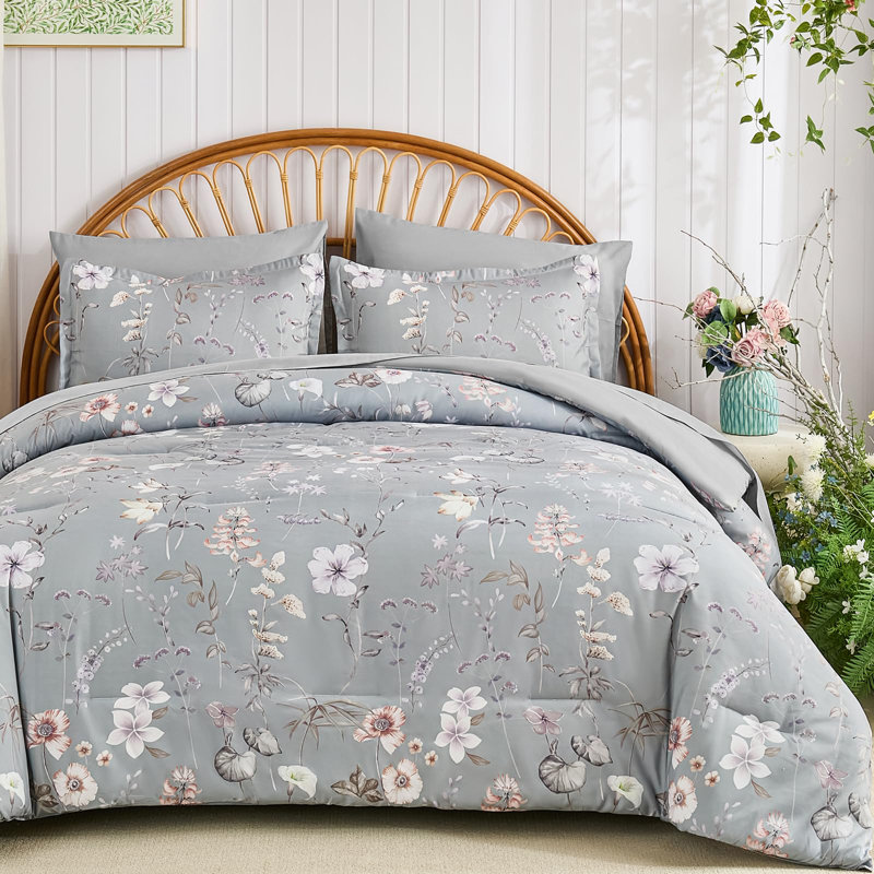 Ensemble de literie 7 pièces Botanical Floral, Grand édredon et 6 pièces supplémentaires, Motif floraux gris
