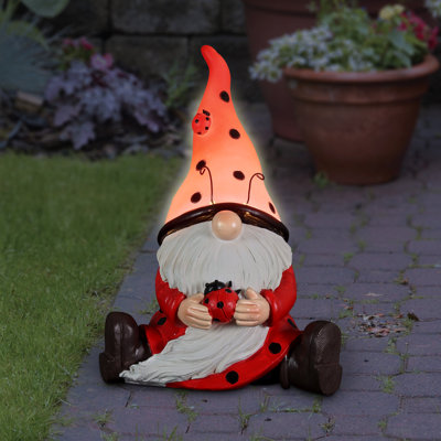Exhart Solar Ladybug Hat Gnome Statue with Ladybug, 5.5 by 9.5 Inches