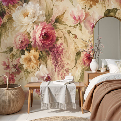 Papier peint à peler et coller Élégantes pivoines florales rétro murales murales aux couleurs pastel douces H 69 po x l 96 po Papier mural amovible en PVC auto-adhésif pour bureau à domicile