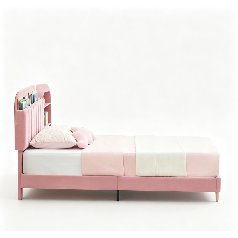 Twin/Twin XL Bed Frame with Storage Headboard Velvet Upholstered Platform Bedframe for Kids No Box Spring Needed, Pink/Twin