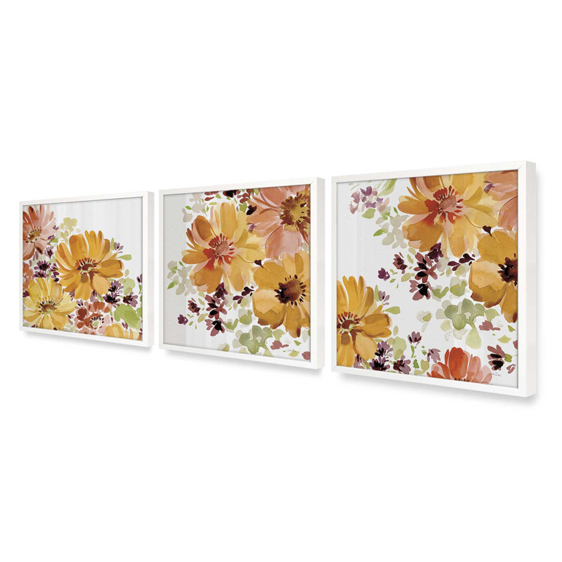 Ensemble de 3 estampes Autumn Garden Whispers, 12 po x 12 po, Blanc opaque