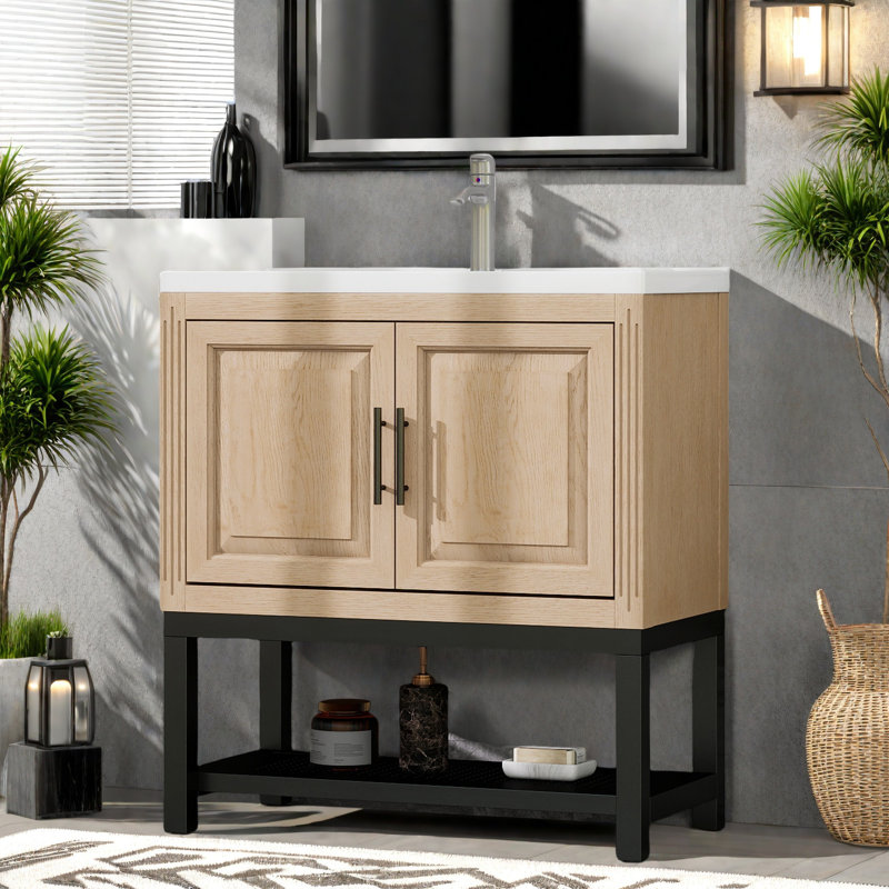 Meuble-lavabo 32 po avec lavabo en céramique et robinet d'eau chaude et froide, armoire de salle de bain autoportante avec 2 portes de rangement et tablette ouverte en fer pour la salle de bain