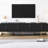 Black Tv Stand With Geometric Ornaments And Adjustable Shelves, Metal Legs Gold Handles For 80'' Tvs Feature
