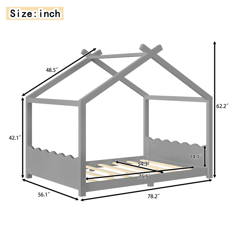 Full House Floor Bed with Slats, Solid Wood Montessori Bed Frame for Kids, No Box Spring Needed, Gray, Gray, Full