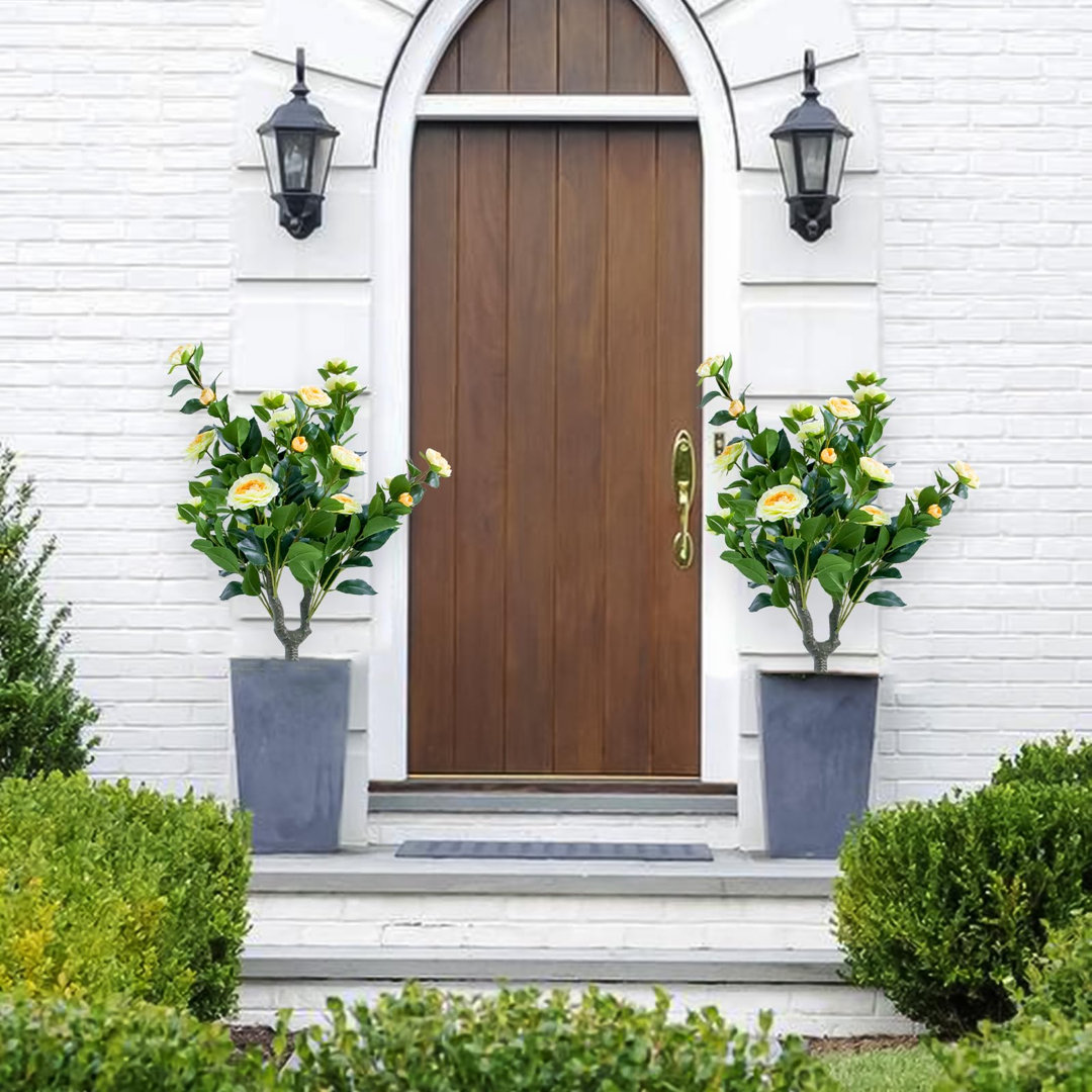 Artificial Topiary Ball Trees Set of 4 with Yellow Camellia Flowers – 35.4in PE Fake Plants, Ground Spikes & Metal Stakes, Decorative for Home and Gar