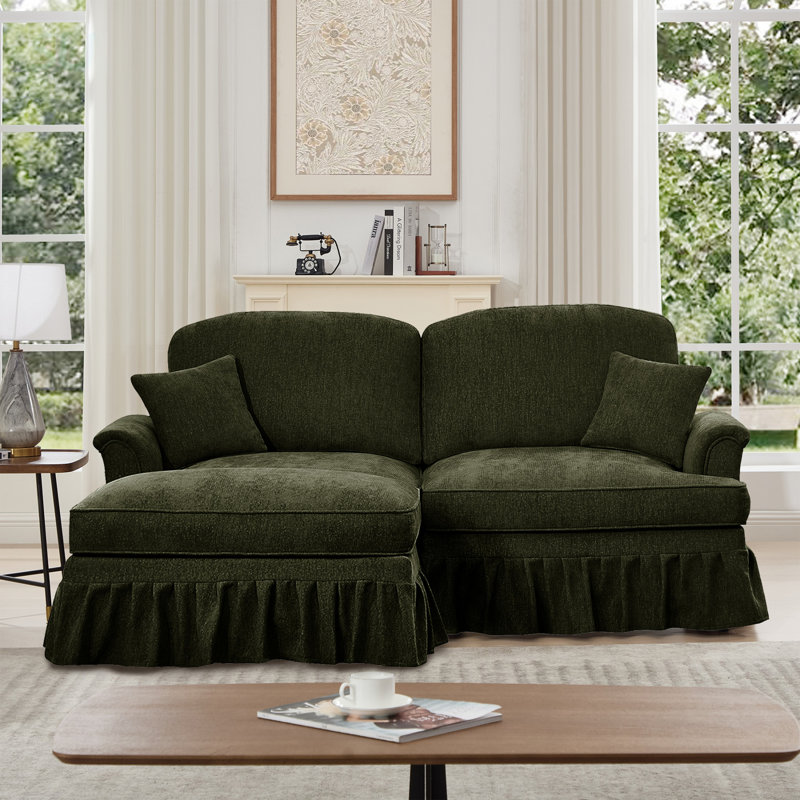 Élégant canapé Mid-Century modulaire à deux places en forme de L avec accoudoirs évasés et jupes plissées à volants, canapé-lit en chenille confortable avec repose-pieds mobile