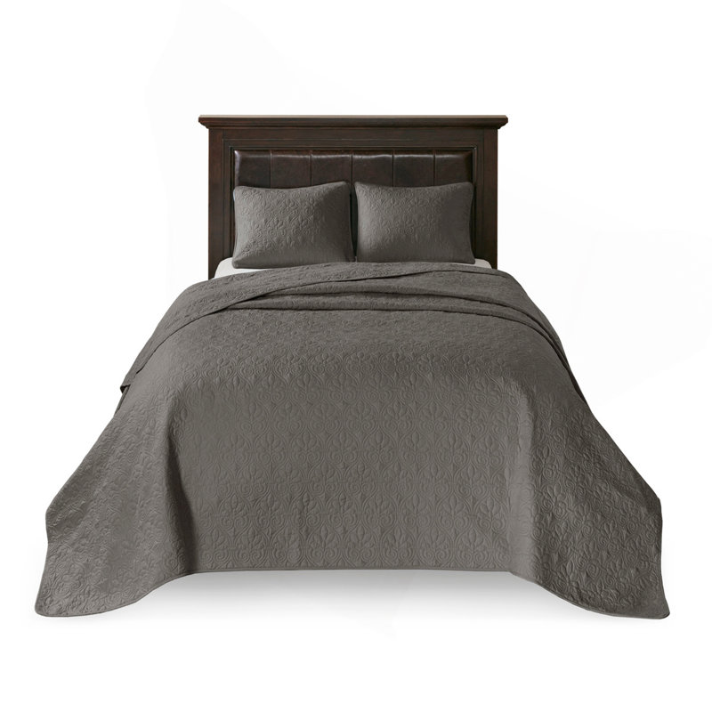 Reversible Bedspread Set, Queen Coverlet / Bedspread + 2 Shams, Dark Gray 
