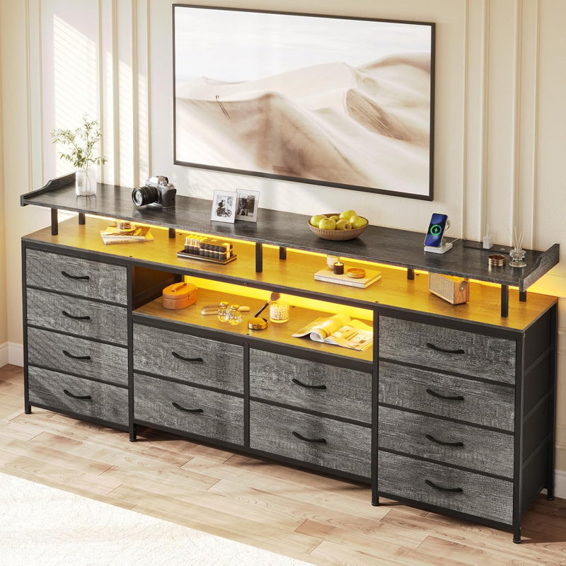 63" Large Tv Stand Dresser With  12 Drawers  For 65/70 Inch Tv, Entertainment Center With Led Lights & Power Outlets & Tv Console For Bedroom