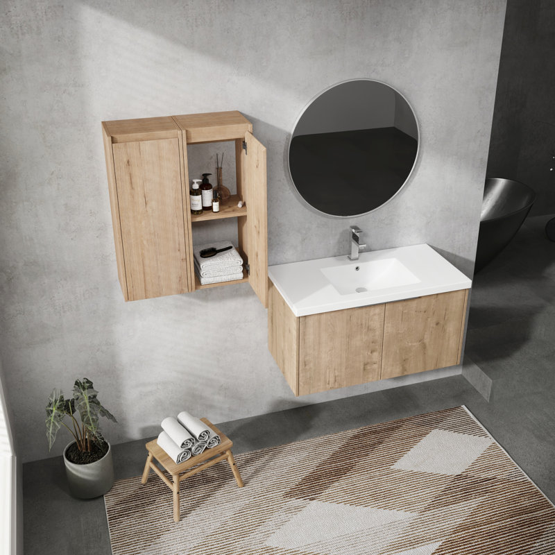 Élégant meuble-lavabo de salle de bain 36 po avec lavabo et compartiment latéral - fini imitation chêne avec rangement pratique