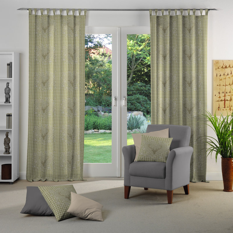 Devos Room Tab Top Curtain Single Panel, Opaque, 132cm Width x 175cm Drop, Grey / Green