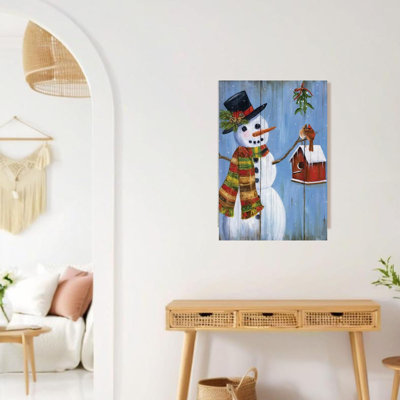 Art mural en toile 24 "x 36" bonhomme de neige et cardinaux