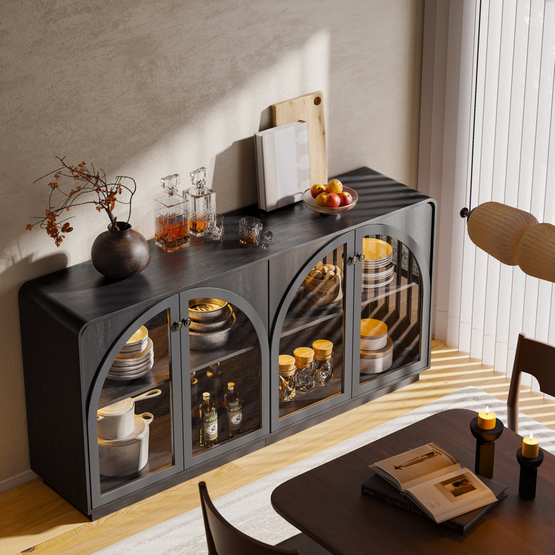4-door Sideboard Cabinet, Black With 2 Shelves, Arched Glass Door Fronts, Black