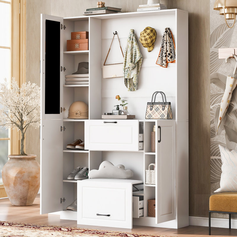 Banc d'entrée avec armoire à chaussures intégrée, design 3 en 1 et porte à miroir, arbre d'entrée avec 4 crochets robustes et siège pliable pour l'entrée et le salon