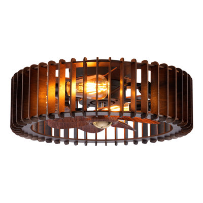 20'' Flush Mount Caged Ceiling Fan With Light, Wooden Low Profile Ceiling Fan With Light And Remote, 6 Speed And Reversible, Farmhouse Bladeless Fan Lights For Bedroom, Kitchen