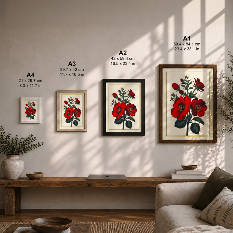 Crimson Anemones Botanical - Framed Print, A3 - 42.0 x 29.7 cm, Walnut
