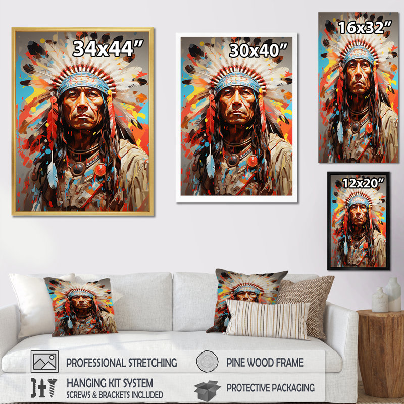 Native American Warrior Portrait - Art mural américain encadré, Cadre flottant doré, H 44 po x l 34 po x P 1,5 po