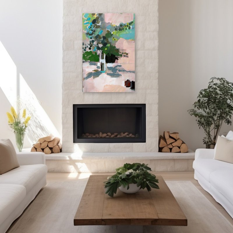 Eucalyptus et grenades no. 4 - Art contemporain floral et nature morte aux feuilles de fruits, H 48 po x l 32 po