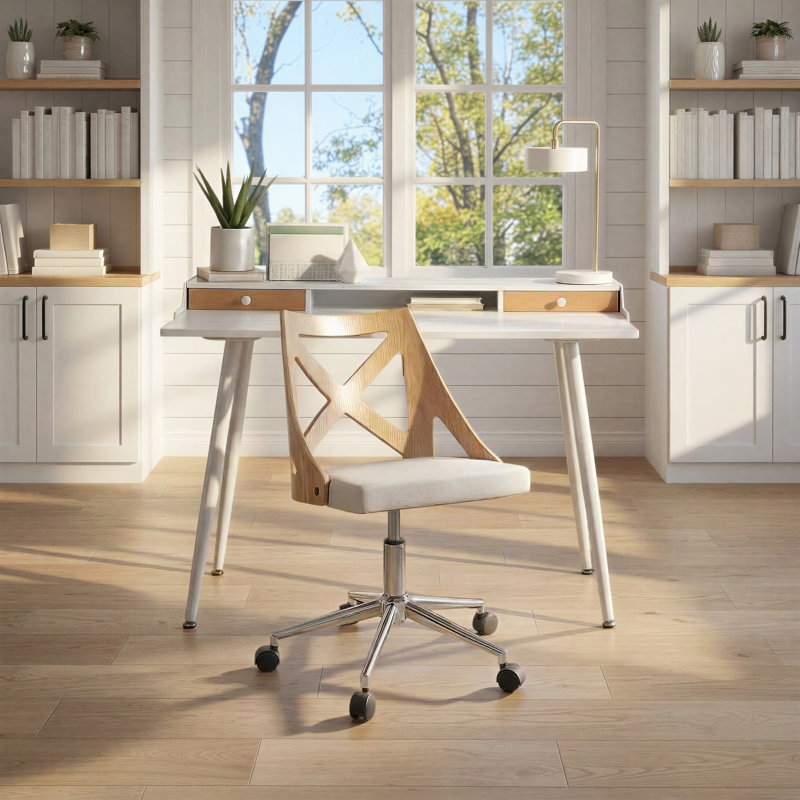 Bureau avec tiroirs Nicastro, Blanc / Naturel