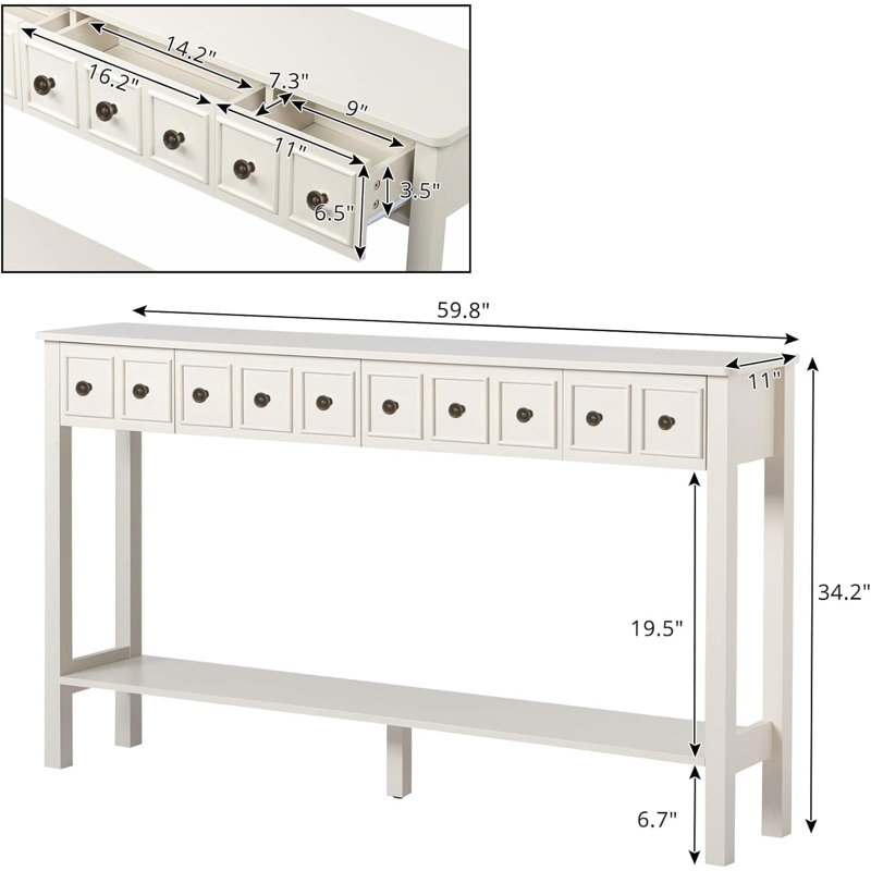 Table de canapé de 60 po avec 4 tiroirs de rangement et une tablette inférieure pour la cuisine du salon, blanc antique