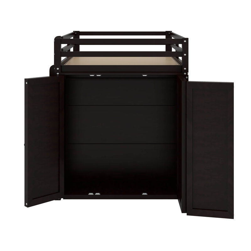 Lit mezzanine double avec tiroirs, bureau et garde-robe, Espresso