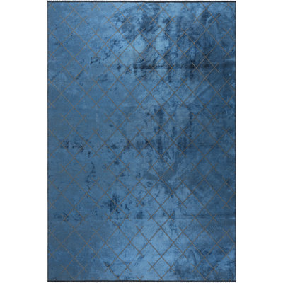 Tapis bleu marine à motif géométrique tissé à plat en acrylique / coton / rayonne Rapture