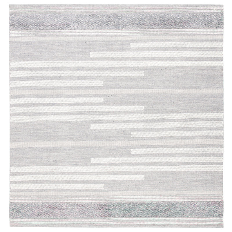 Buth Hand Woven Cotton/Wool Striped Rug in Ivory/Gray, Square 7'