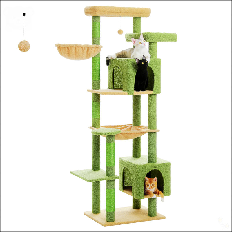 69" Tall Green Sisal and Plush Cat Tree with Hammocks