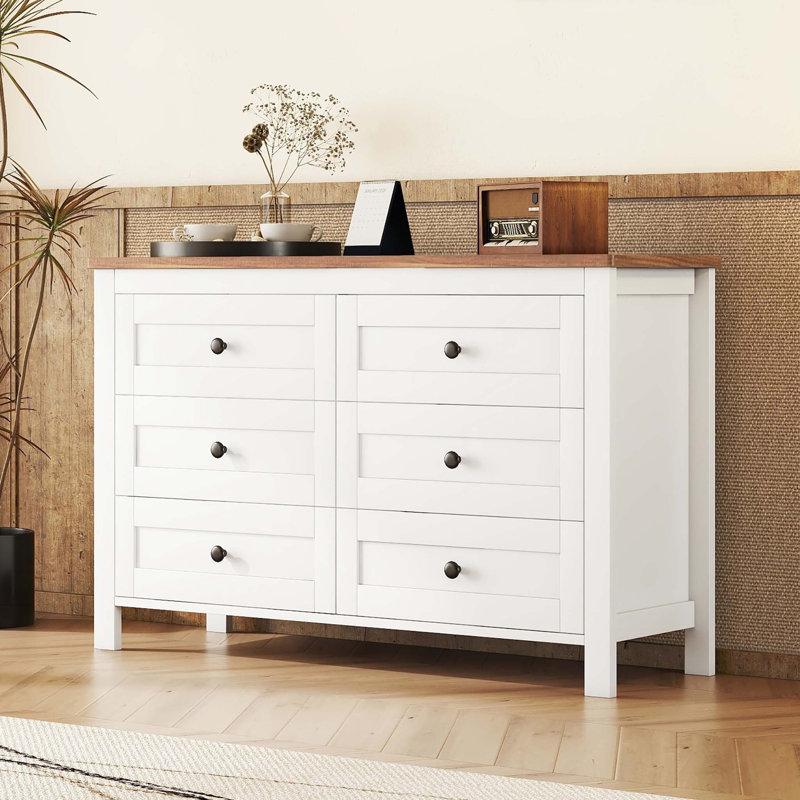 Commode 6 tiroirs, Blanc / brun