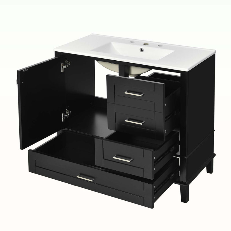 Armoire de rangement de salle de bain avec lavabo et structure en bois, Noir, noir, noir, noir, Chrome chrome