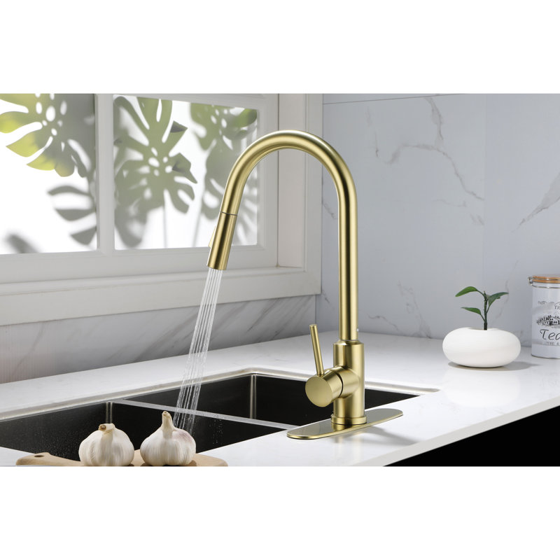 Robinet de cuisine avec douchette rétractable - Buse haute rotative à 360 °, levier unique pour la gestion de la température et du débit de l'eau sans effort, acier inoxydable doré antirouille, 15,83 po Profondeur, 10,2 po