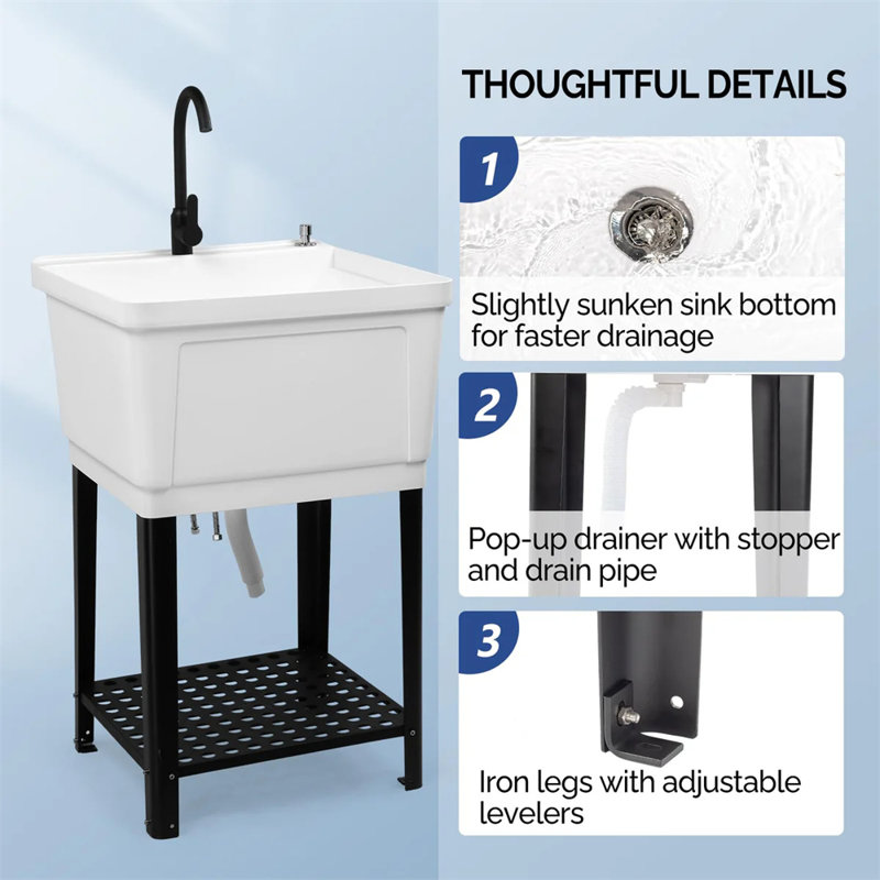 Plastic Utility Sink Freestanding With Storage Shelf, White