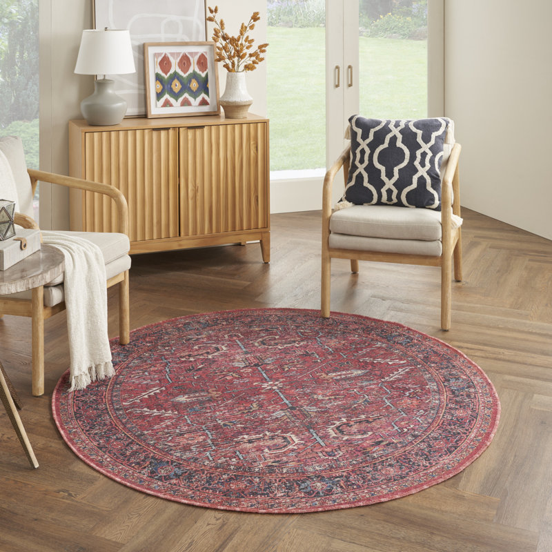 Tapis oriental rouge lavable à la machine, Rond 7 pi 10 po