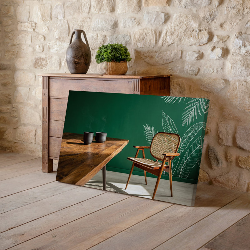 Toile, scène intérieure douillette avec table en bois et art mural, H 11 po x l 14 po