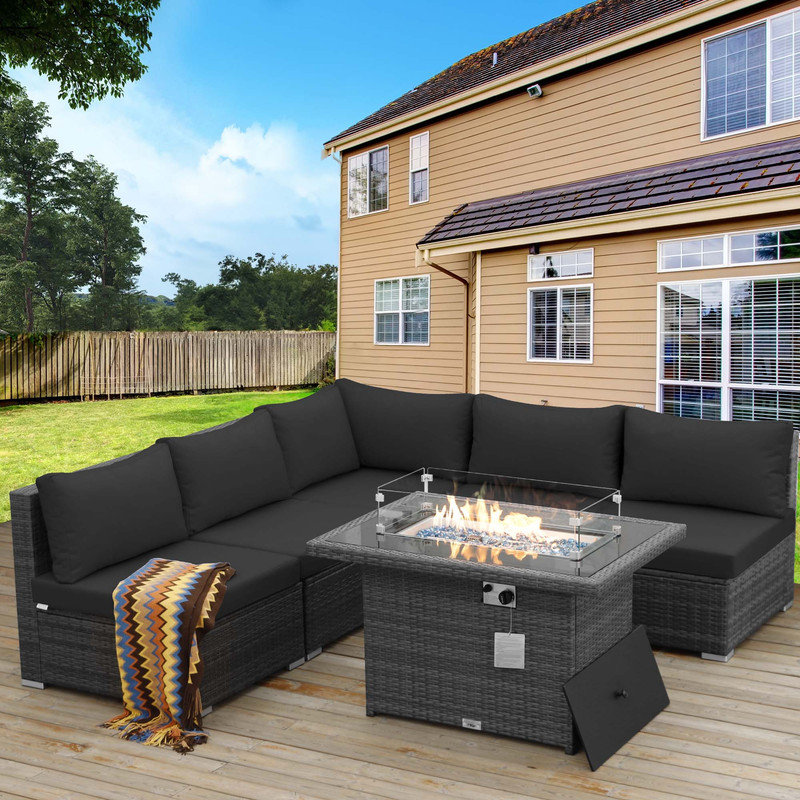 Arisbel Large 6-Piece Outdoor Patio Sofa Set with Fire Pit Table, Gray