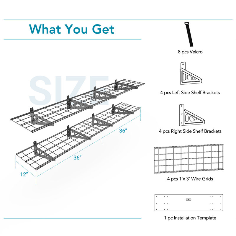 Tablettes de rangement murales pour garage, Noir, H 12,2 po x l 72 po x P 12 po